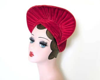Vintage Red Silk Velvet Halo Turban Hat~ Circa 1940's