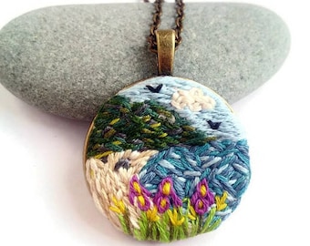 Unique jewelry gift|for|her Sea landscape necklace Nature lover gift|for|women Personalized jewelry embroidery necklace Embroidered jewelry