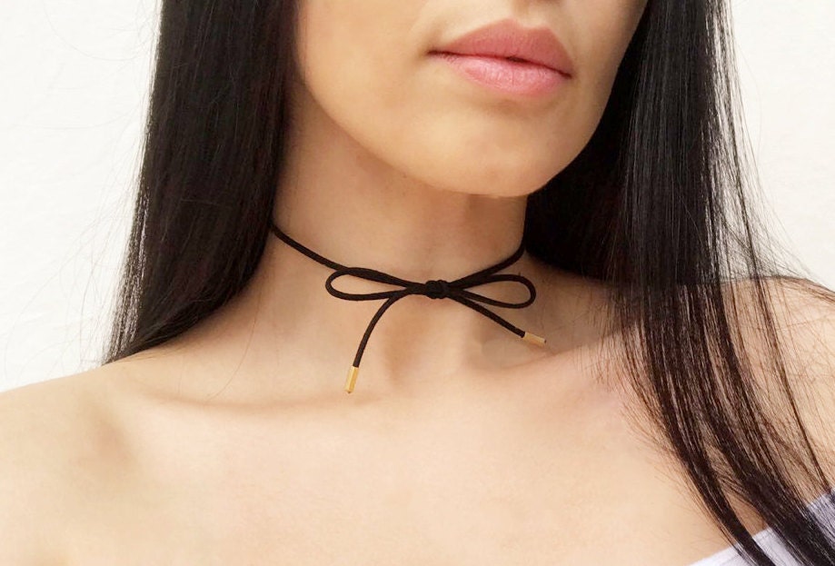 Black bow tie choker Vegan suede choker Tiny bow choker Gold