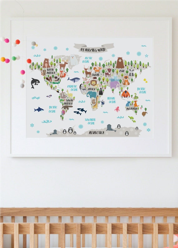 Nursery Printable Animal World Map Kids World Map Poster