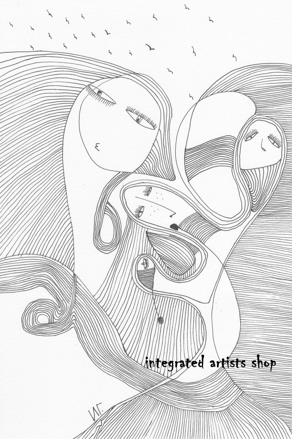 DIGITAL PRINT Original Na ve Ink Drawing Blissful