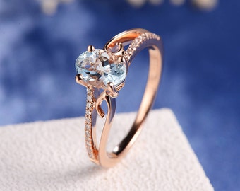 Engagement Ring Rose Gold Aquamarine Women Antique Unique Curved Wedding Bridal March Birthstone Butterfly Diamond Anniversary Gift For Her