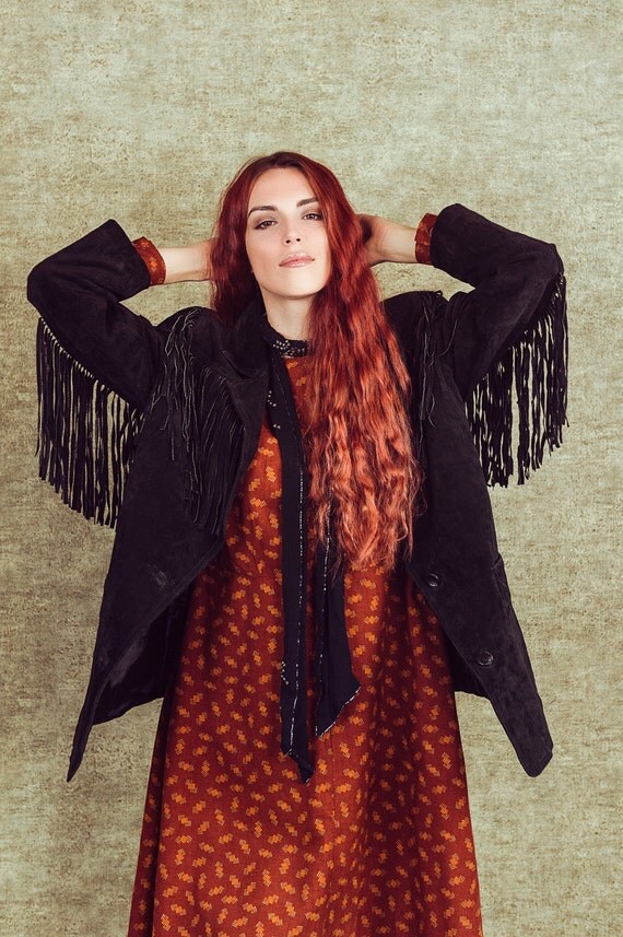 Fringed suede leather jacket Black suede fringe jacket