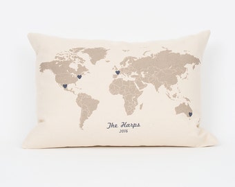 Custom World Map Pillow - 12"x18" or 16"x20" - Faux Down Insert Included - Anniversary Gift - Wanderlust - Travel Pillow - Home & Living