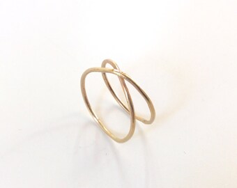 14K SOLID gold infinity ring - 14K gold X band - 18 gauge - 1.02mm gently hammered crossing gold band - marked 14K