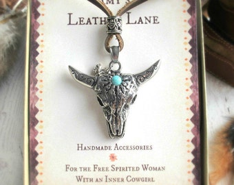 Cow Skull Necklace-Long Boho Necklace-Festival Necklace-Cowgirl Necklace-Western Jewelry-Stainless Steel Cow Skull Pendant-Leather Necklace