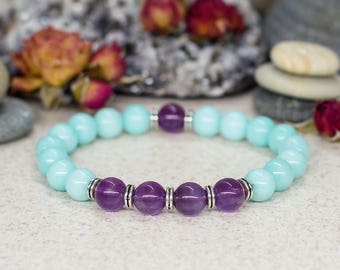 Gift-for-mom Purple amethyst bracelet Mint jewelry Amazonite bracelet Stretch bracelet Double sided bracelet Summer bracelet Fashion jewelry