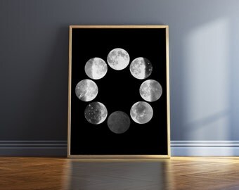 Moon Phases Print Black And White Print Moon Phase Wall Art Poster Black And White Wall Art Moon Phase Poster Art Print