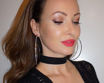 Huge Crystal Hoops. Silver, Gold, Rose Gold or Black Plated. Trendy Earrings. Very Big Crystal Hoops. Large Hoop Earrings. Sexy Earrings.