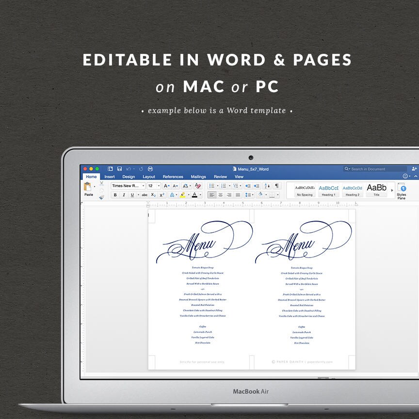 MAC Or PC Wedding Menu Template Printable Calligraphy Modern Rustic Theme Word MAC Or PC Wedding Menu Template Printable Calligraphy Modern Rustic Theme Word