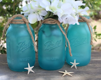 Sea glass mason jar centerpieces Beach themed centerpiece coastal decor Beach bathroom decor Beach themed bridal shower Beach wedding decor