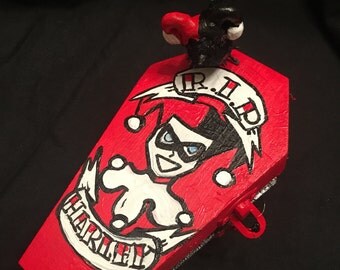 Harley Quinn Box. Comic Book. Coffin Box. Tattoo Banner with Skeleton and Raven