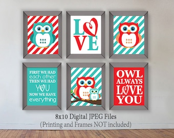 Owl, Red and Turquoise Owl, Digital Prints, Owl Nursery Decor, Download, Printable, Wall Art, First we had each other then we had you