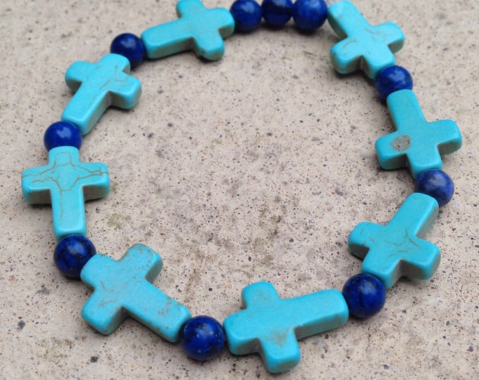 Turquoise cross bracelets, elasticated colourful turquoise bracelets, crucifix bracelets, turquoise beaded bracelets, square cut turquoise