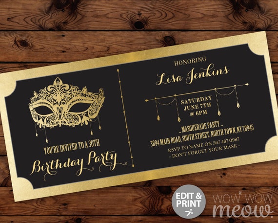 masquerade birthday party ticket invitation gold mask invite