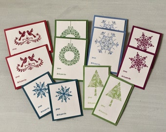 12 French français Self-Adhesive Christmas Gift Tags - Etiquettes Cadeaux Autocollantes de Noël - Snowflakes, Wreaths, Trees, Lovebirds