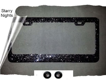 2016 FAVORITE Starry Nights black sparkly glitter bling rhinestone screw caps kit black metal License Plate Frame