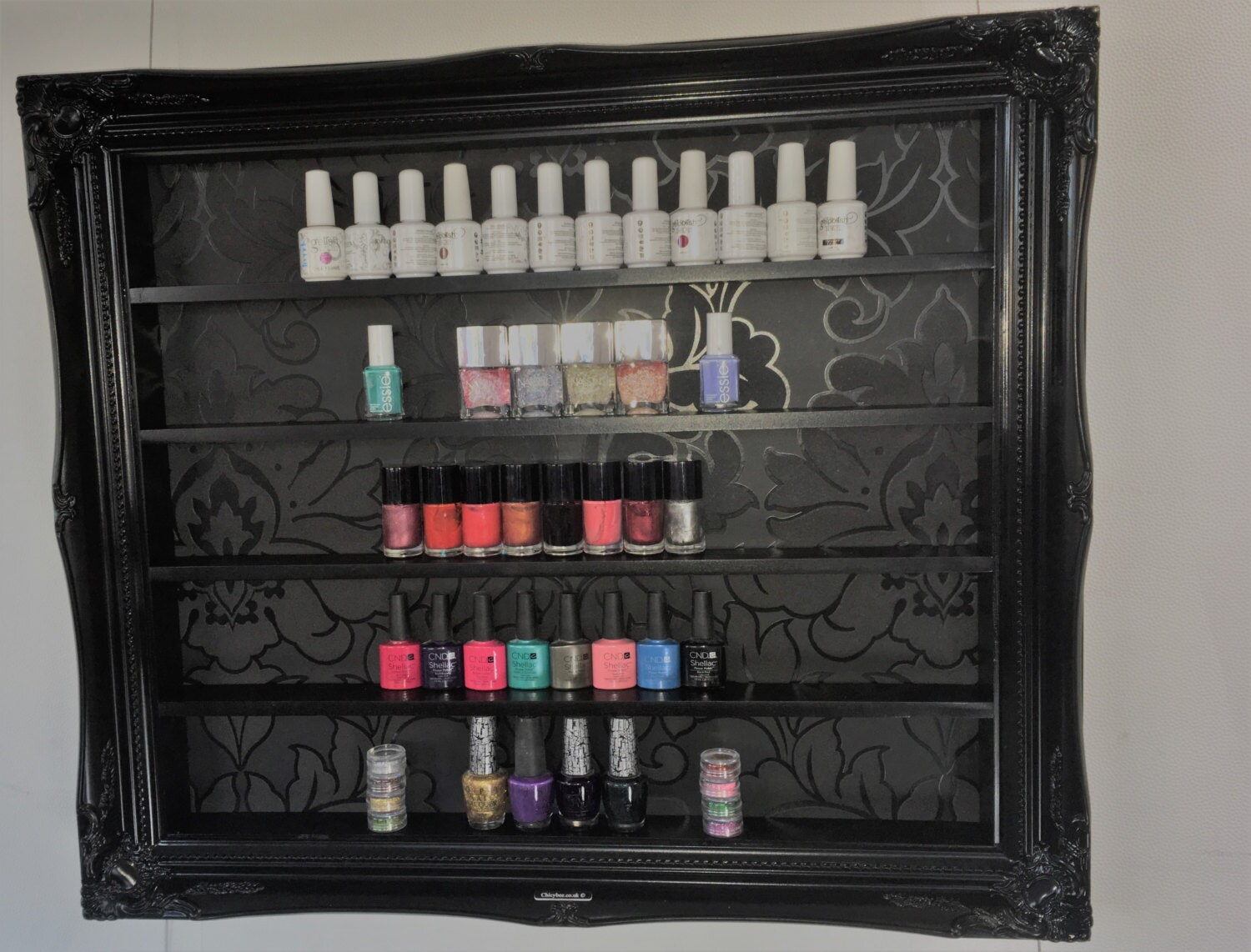 Nail polish display frame black gloss & salon damask