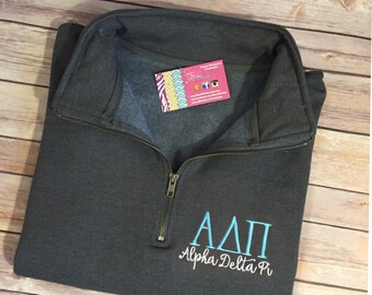 ADPi Quarter Zip Sweatshirt - Alpha Delta Pi Pullover - Greek Letters 1/4 Zip - Adpi Pullover - Alpha Delta Pi Sorority