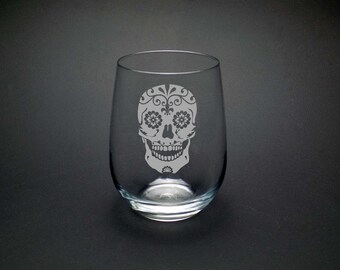 Sugar Skull Stemless Wine Glass - Dia de los Muertos Glass - Mexican Skull Glass - Day of the Dead Glass - Bridal Sugar Skull Glass