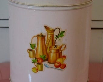 Vintage Pink Large Metal Kitchen Canister with Amazing Graphics!