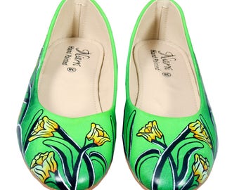 Hand Painted Genuine Leather Ballerinas - Green Tulip