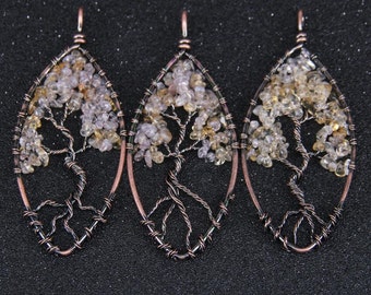 1-10pcs Fashion Jewelry Making Necklace Charm,Citrine Quartz Raw Crystals Chips Plated Bronze Copper Wire Wrapped Tree Leaf Pendant Findings