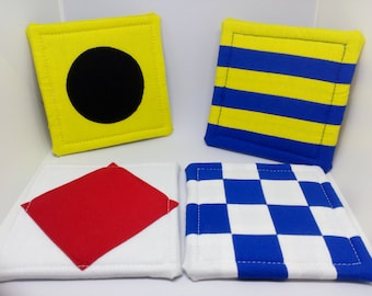 Nautical Ship Signal Flag Theme Coasters approx 4" X 4" Multi-color Fabric Sailing Signs set of 4 cool coasters