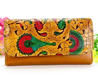 boho wallet, leather womens wallet, vintage wallet, handmade hand painted wallet