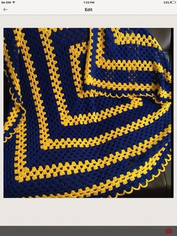 Vintage BLUE & GOLD/Yellow AFGHAN Blanket Square 66x54