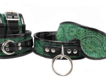 Bondage Cuffs and BDSM Collar with Blindfold in Dark Green Lolita Lace