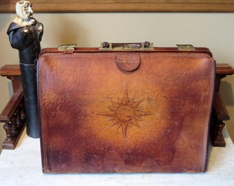 Vintage Gladstone Style Brown Leather Briefcase With Sun Rising Behind Earth Tooled On To Side- Unique Bag
