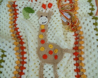 Baby Giraffe Applique Blanket Crochet Baby Blanket Baby Shower Gift Crochet Afghan, Animal Nursery, Pram, Stroller Accessories Cream Orange