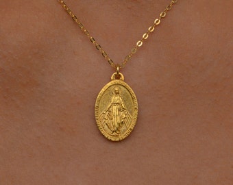 Gold Miraculous Medal, Virgin Mary Necklace, Miraculous Medal Necklace, Mother Mary Necklace, Religious Medal, Miraculous Medal Charm