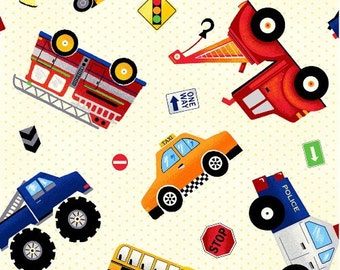 Truck Fabric, Truck Stop, Tossed Cars, Firetrucks, Dump Trucks, Boy Fabric, by Fabri Quilt Inc, 30391