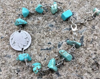 Coin Bracelet - Turquoise Bracelet - Buffalo Bracelet - Wire Wrapped bracelet - Native American beaded jewelry - American Indian Jewelry