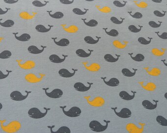 Whales Cotton Jersey Fabric - Grey & Yellow Whales . Nursery - Children's Clothes - Dresses - Tops - Tees- Tunics - Pyjamas - Rompers
