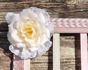 Hair Bow Holder, Baby Girl Nursery, Wall Art, Girl, Vintage, Shabby Chic, Metallic, Pink, Ivory.