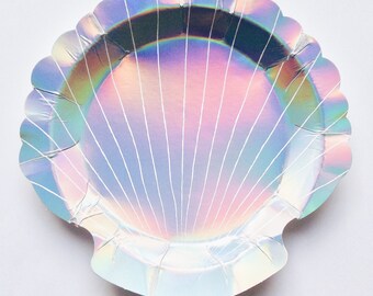 Mermaid party plates, shell plates, mermaid partyware, Scalloped shell, Holograhic, Meri Meri, children's mermaid party theme, under the sea