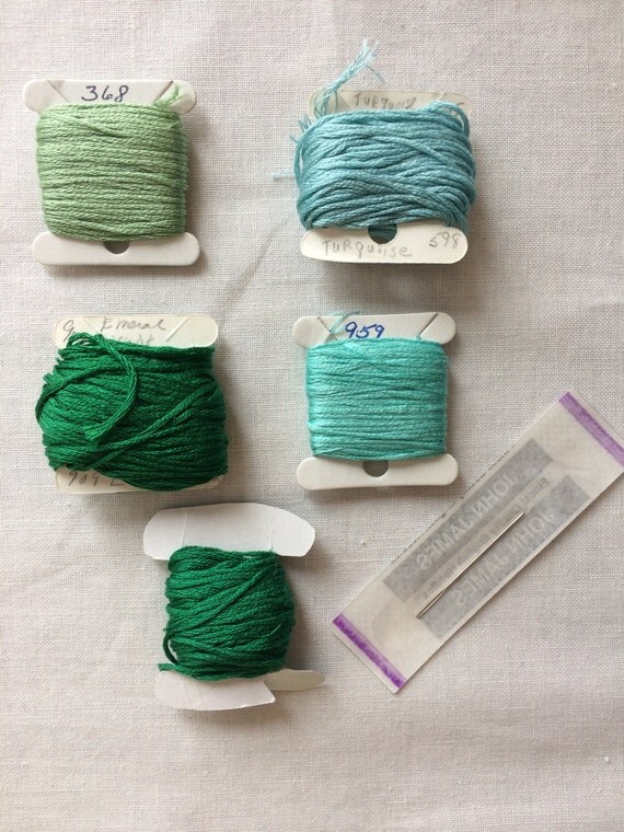 Set of 5 Bobbins of Embroidery Floss in Green and Blue Colors