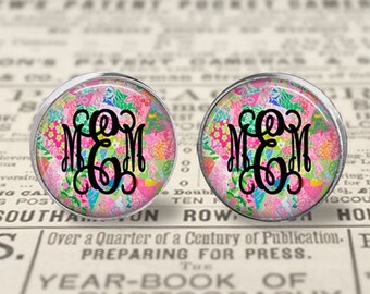 Lilly Pulitzer Inspired Monogrammed Glass Stud Earrings, Monogram Earrings, Initial Earrings, Personalized Jewelry, Handmade Earrings, Lilly