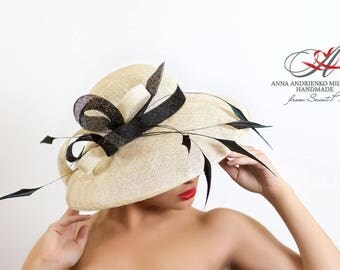 Exclusive Black & White Fascinator Kentucky wide brim hat, Fashion Audrey Hepburn Royal Ascot Derby hat, Wedding quest tea party hat