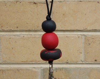 Lanyard, teachers lanyard, beaded lanyard, necklace lanyard, polymer clay lanyard, polymer clay jewellery, red and black lanyard, FREE ship