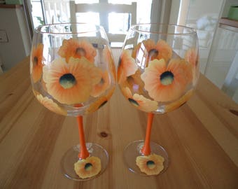Set of Two Extra Large Orange Poppy Wine Glasses