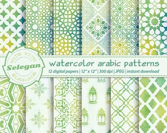 watercolor digital paper " Watercolor Arabic patterns " middle eastern islamic printable patterns water colour background