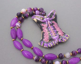 Bohemian Long Necklace, Purple Beaded Necklace, Shabby Chic, Sexy, Baroque, Boho Chic, Romantic, Jade, Agate, Corset Pendant, Handmade