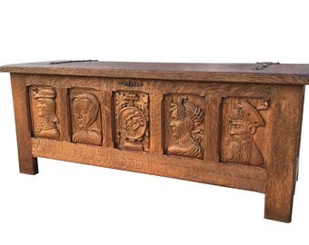 Large Rustic French Gothic Trunk with Medieval Carvings, Oak from the 1920s #8022