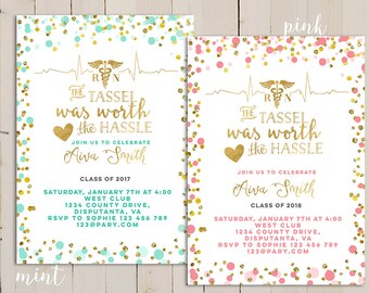 Nursing Graduation Invitation, Medical School Graduation Invitation, RN BSN Nurse Pinning Ceremony invitations, pink confetti gold invite