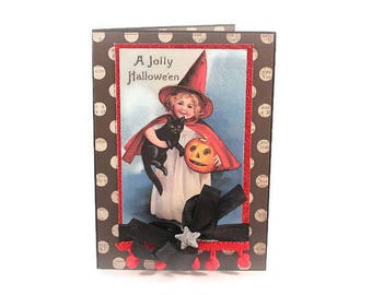 Halloween Card, Retro, Nostalgic, Vintage Postcard, Witch, Black Cat, Pumpkin, Handmade Halloween Card, Luxury Card, Cute Witch Card