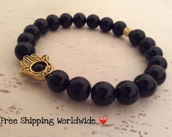 Onyx Bracelet, Hamsa Bracelet, Men's Bracelet, Protective Energy, Black Yoga Mala, Tribal Bracelet, Energy Bracelet, Bracelet Mala, Reiki